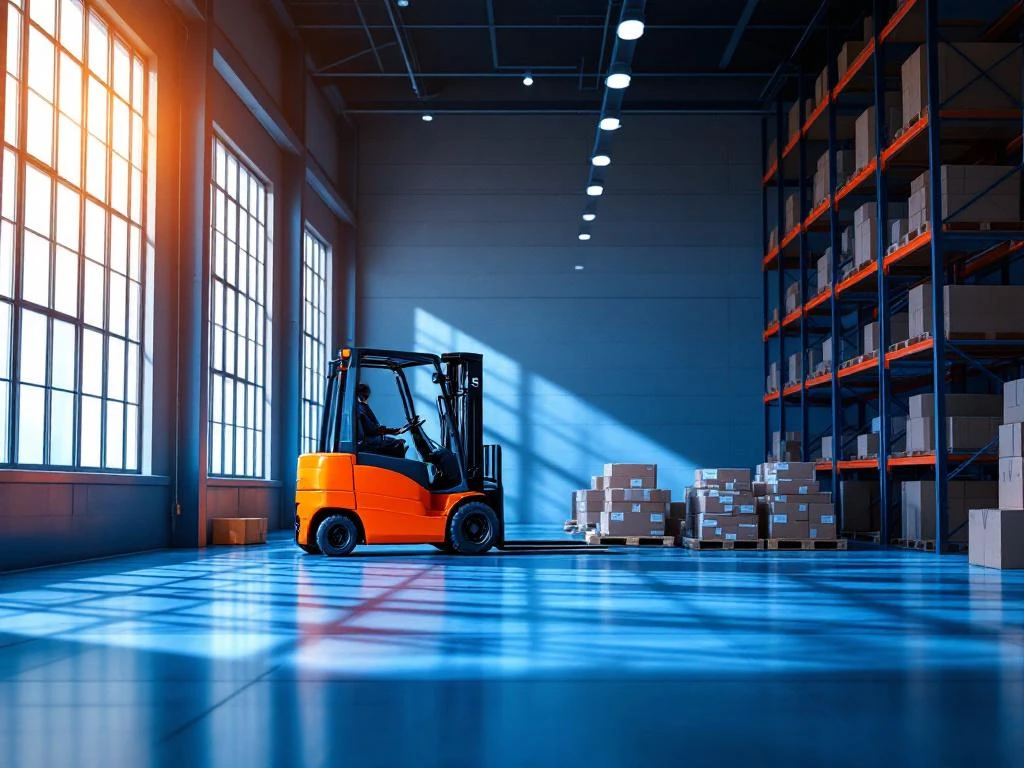 Oranje vorkheftruck in moderne magazijn met blauwe verlichting en geometrische opslag rekken voor logistieke training