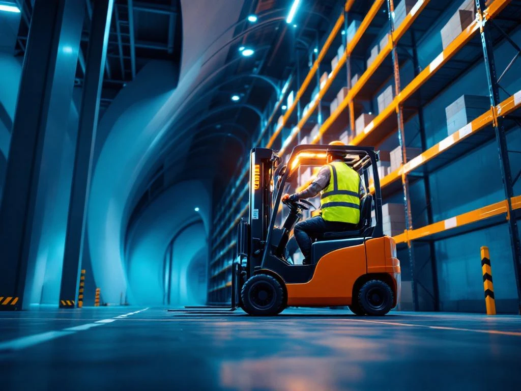 Vorkheftruck operator in veiligheidsvest rijdt door moderne magazijn met hoge stellingen en industriële verlichting
