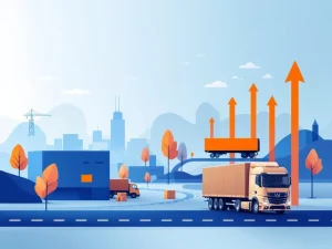 Minimalistisch logistiek carrièrepad met magazijn silhouetten, vrachtwagens en opwaartse pijlen in donkerblauw en oranje