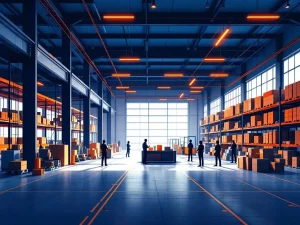 Moderne logistieke magazijn met blauwe structuren, oranje verlichting, transportbanden en werknemers die samenwerken