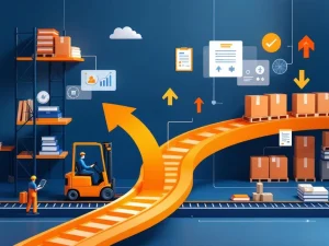 Logistieke training scène met magazijnrekken, transportbanden en educatieve materialen in minimalistische stijl