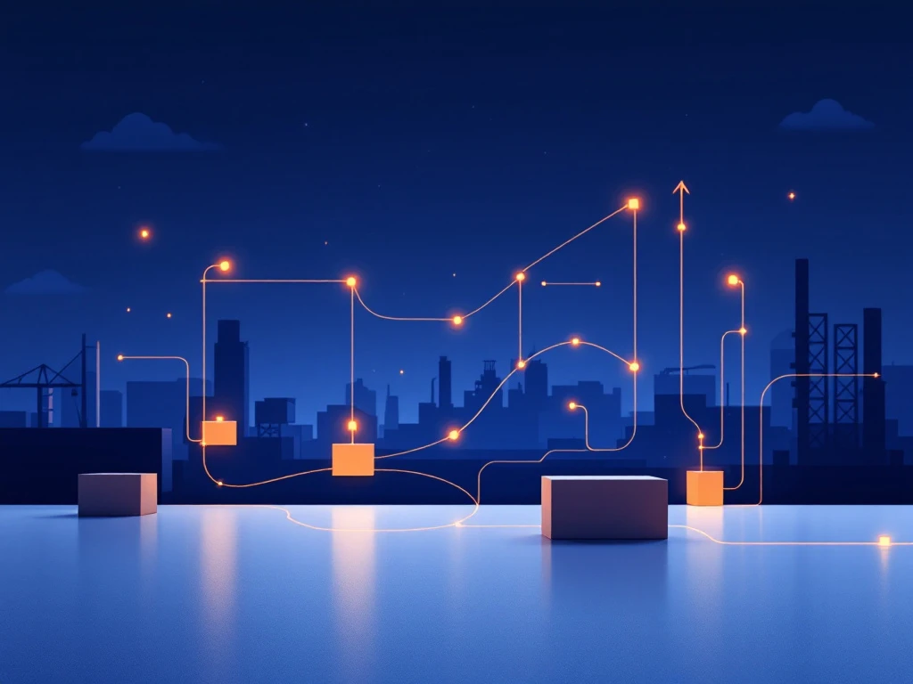 Minimalistische supply chain visualisatie met blauwe geometrische knooppunten en oranje verbindingslijnen op witte achtergrond